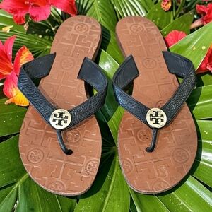 Tory Burch Black Leather With Logo Flip Flops with Tan Footbed Size-7